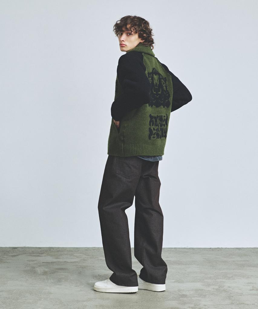 Knitted Bulky Wool Stadium Zip-Up Khaki-Black