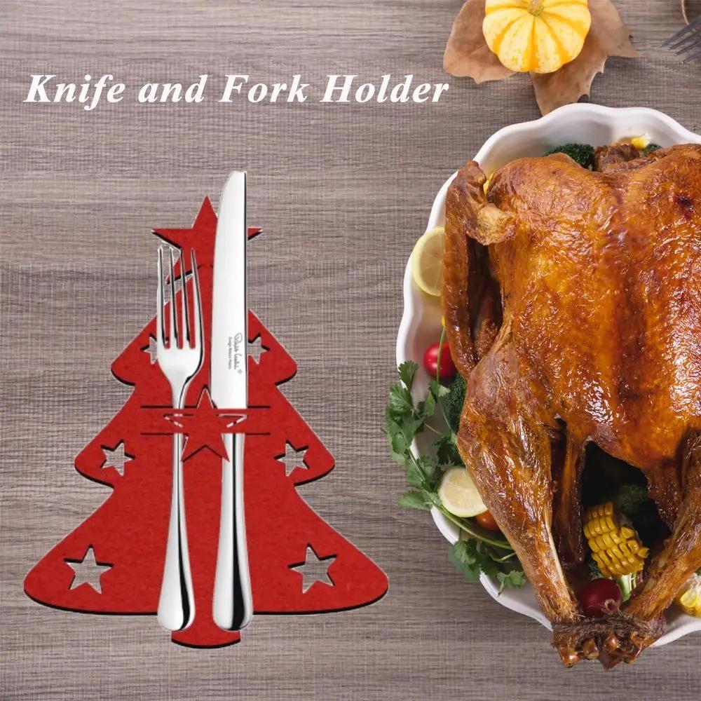 4PCS Household Elk Xmas Tree Table Decorations Cutlery Bag Christmas Knife Fork Holder Tableware Organizer