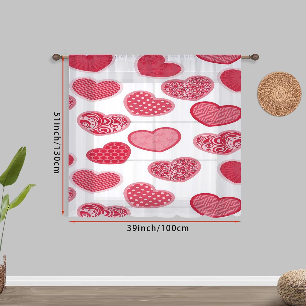 1PCS white-based pink patterned love-shaped gauze curtain   romantic style   perfect for Valentine's Day   bedroom   and living room
