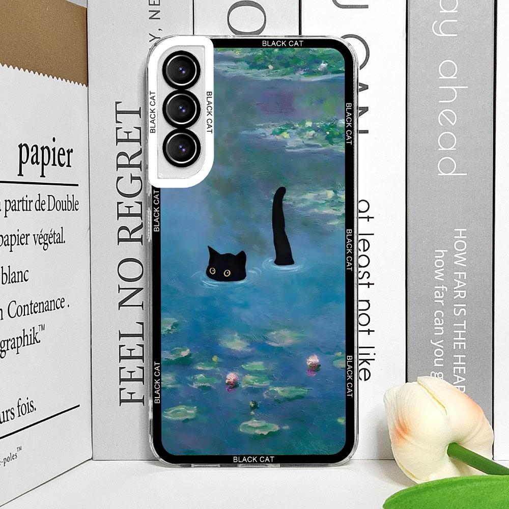 Retro Oil Painting Van-Gogh Flower Art Cat Phone Case for Samsung Galaxy S25 S24 S23 Ultra S22 Plus S21 FE 5G Clear Cover Fundas