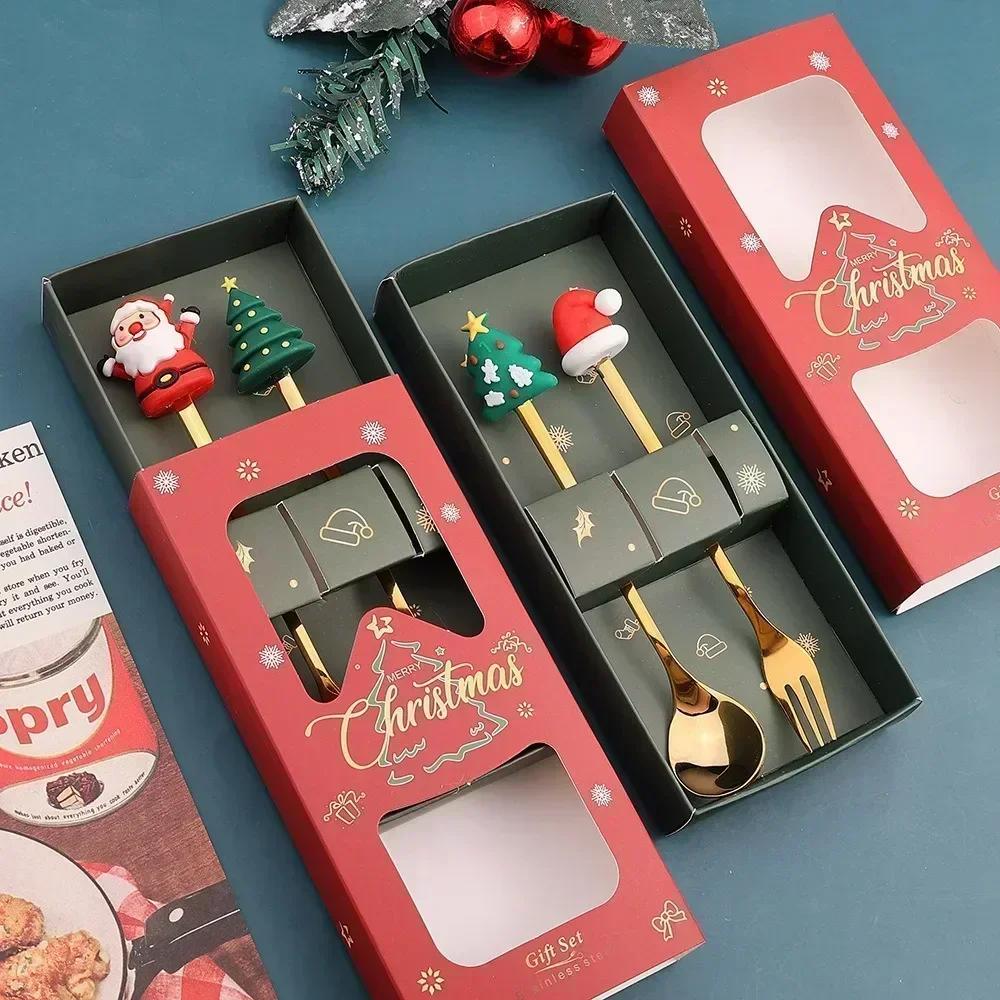 Christmas Table Decor 4-Piece Stainless Steel Cutlery Set with Spoon and Fork, Elk and Xmas Tree Design, Holiday Home Decoration and New Year Navidad