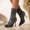 Fashion European and American Sexy Color Block Fashion Boots Pointed Toe Stiletto Heel Women's Boots Side Zipper Snake Pattern