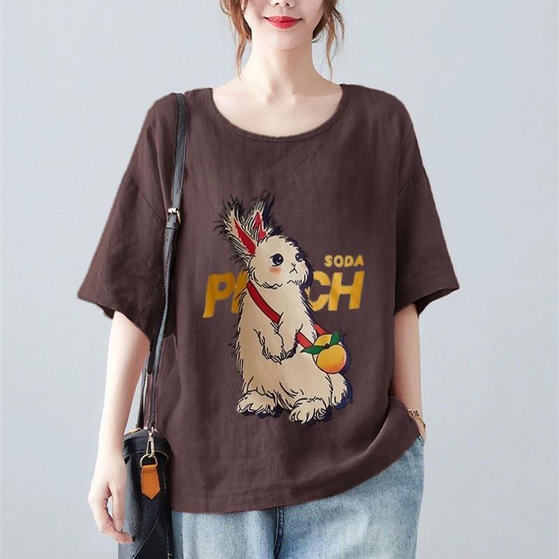 Tops for Women Cotton Summer Large Size T-shirt Round Neck Loose Rabbit Printed Casual Pullover T-shirt Top