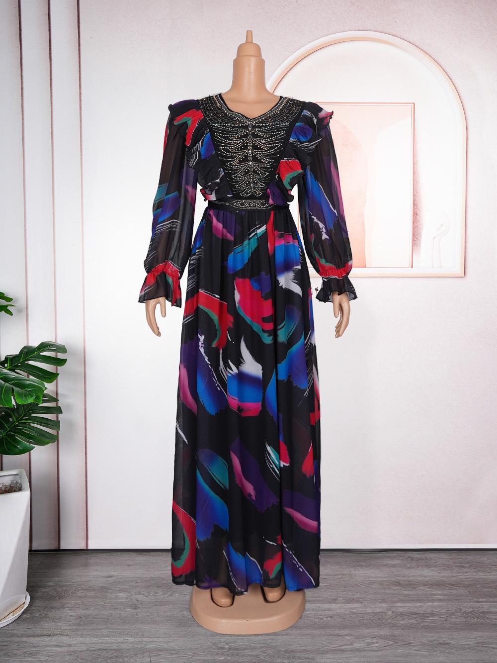 Chiffon Printed V-Neck Long Dress - Plus Size Women s Fashion 3XL чёрный