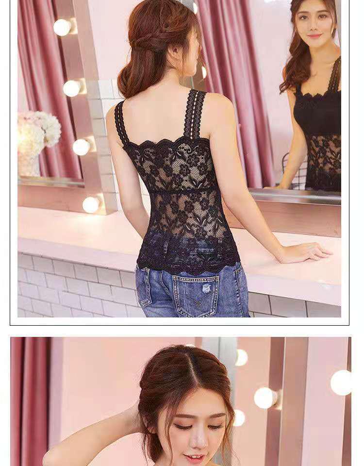Lace Trim Underwear Camisole with Chest Pads - Women's Versatile Anti-Exposure Long Bra
