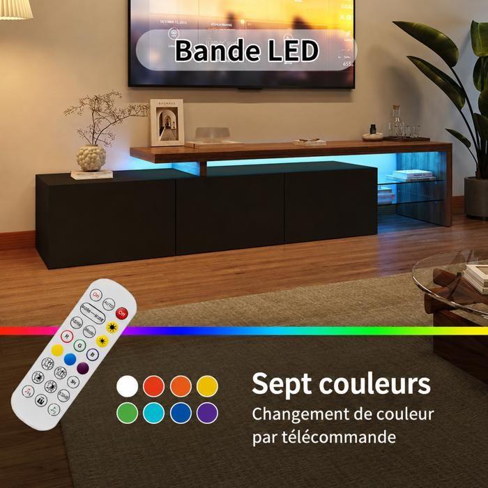 Meuble TV avec LED, 200x39x42 cm, Design Moderne en Bois, 2 Portes, Rangement Ouvert, Idéal pour Salon, Noir et Bois