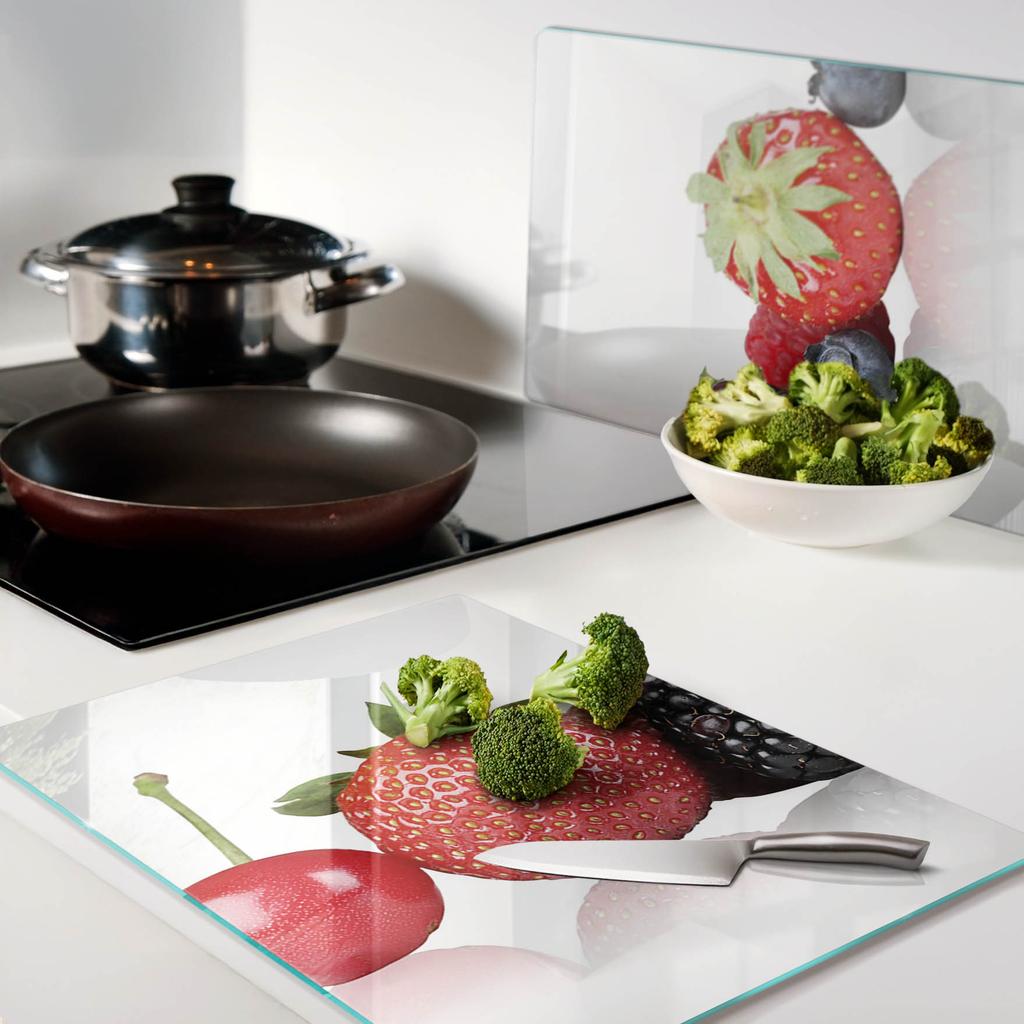 Glass Kitchen Cutting Boards With Fruit Graphics In a Row 2X40X52 Cm
