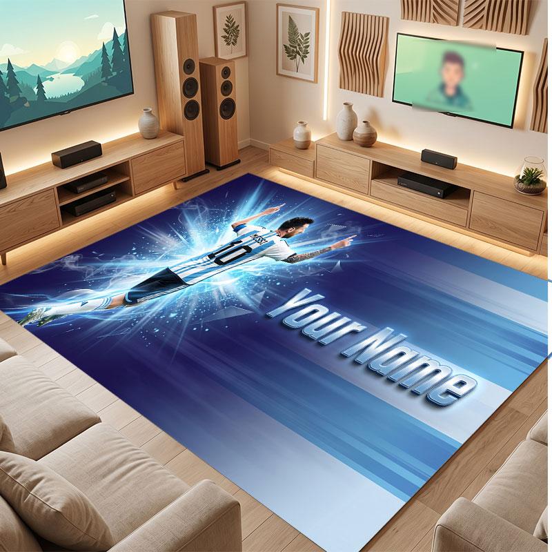Tappeto Personalizzato in Velluto di Cristallo Lionel Messi, Stampa Testo Nome Personalizzato, Logo Calcio Morbido Antiscivolo Tappetino per Pavimento Decorazione Casa Regalo