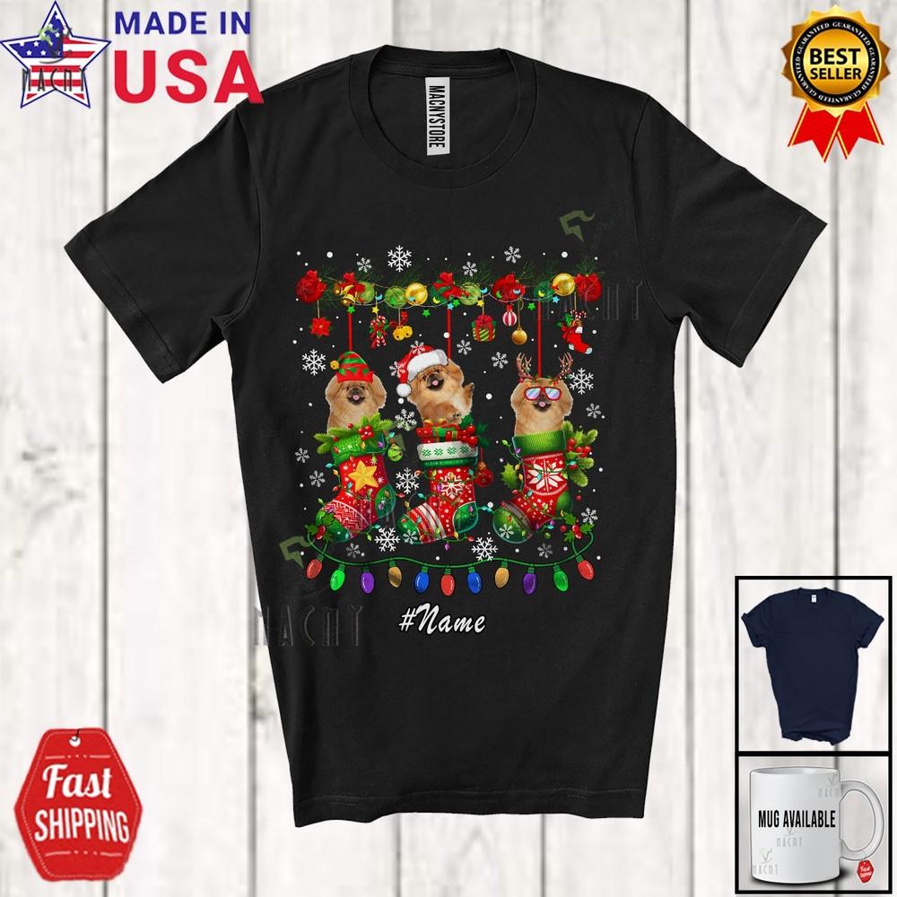 

Custom Name Three Pekingese In Christmas Socks Adorable Pajama Family T-Shirt S