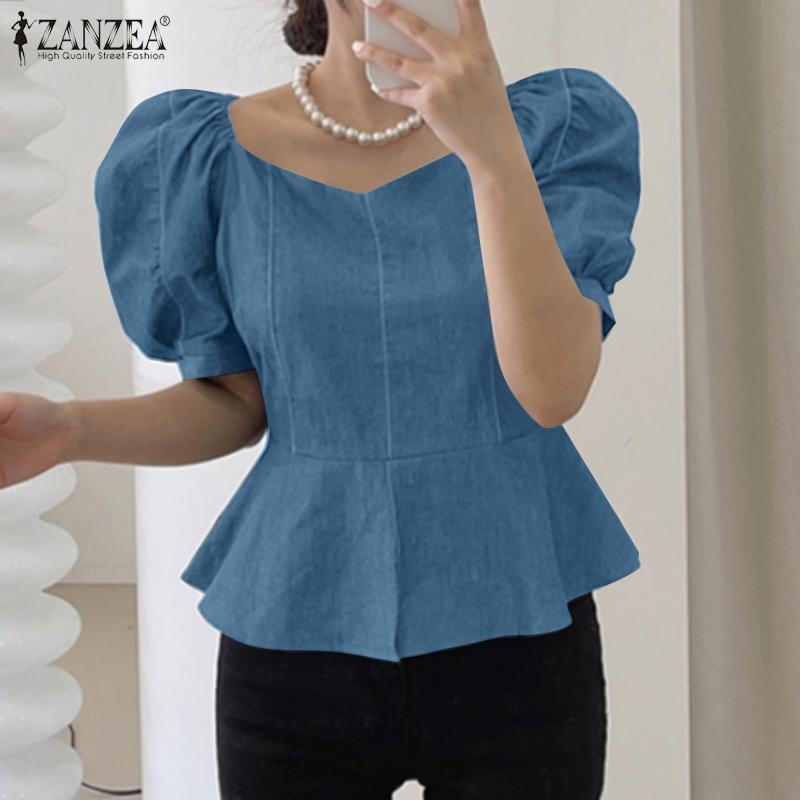 ZANZEA Womens Casual Round Neck Puff Sleeve Solid Color Loose Blouse