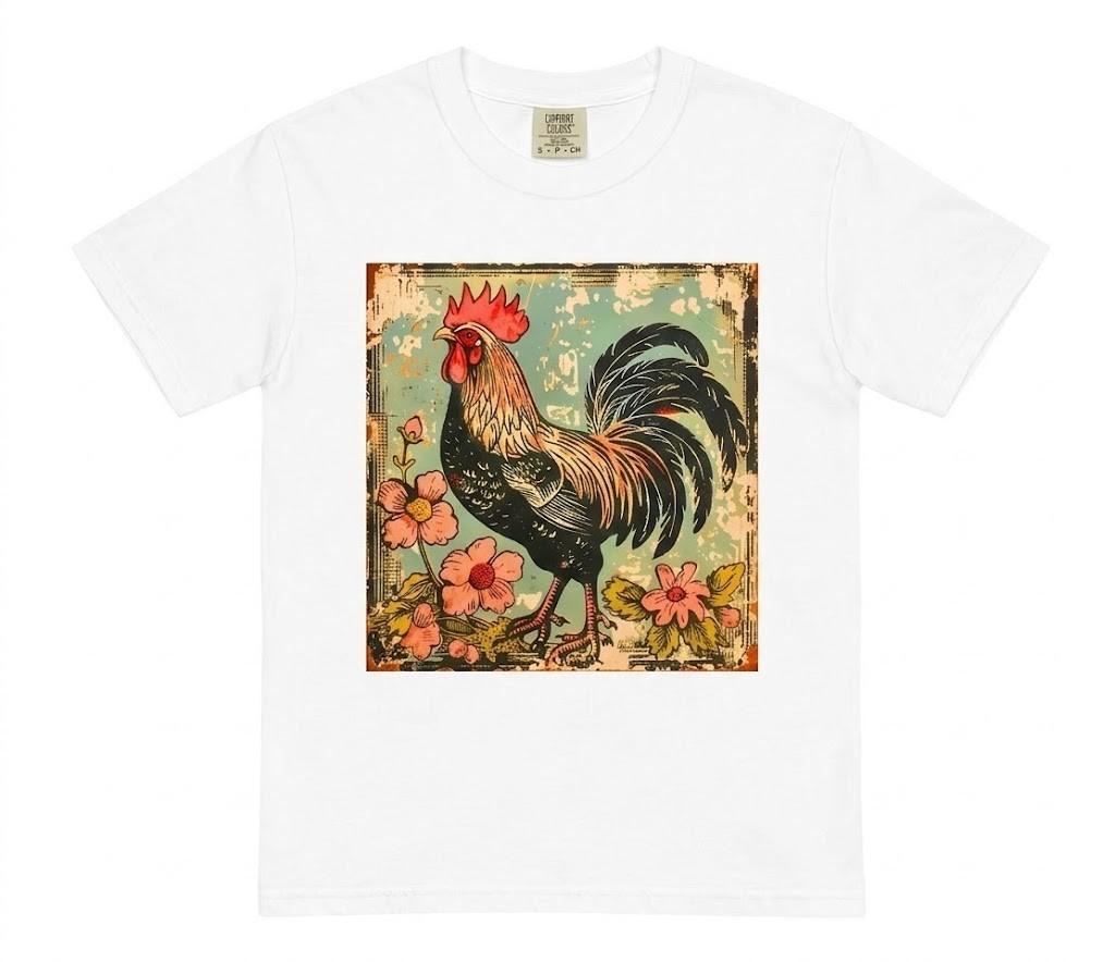 Vintage Rooster T-Shirt Retro Chicken Graphic Tee Distressed Farm Folk Art White XXL