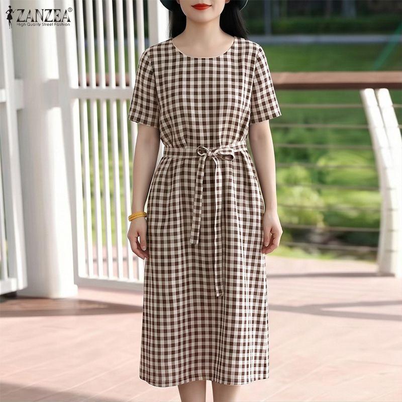 ZANZEA Damen Lässiges Rundhals-Kurzarmkleid mit Karomuster