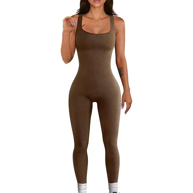 Nahtloser gerippter Yoga-Bodysuit Jumpsuit für Damen Fitnessstudio Outdoor-Sport Rückenfrei Lange Hosen Hohe Taille Scrunch Po-Lifting Schnelltrocknend