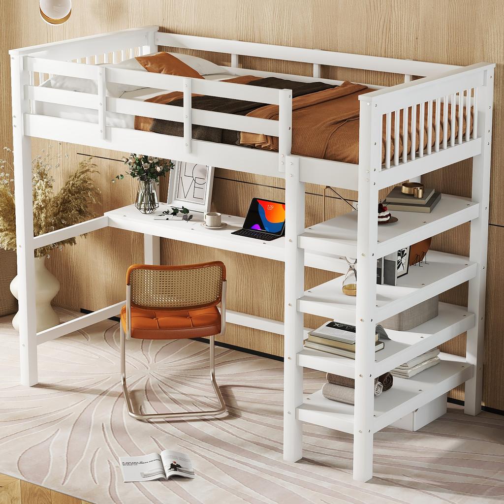 Hochbett, 90 x 200, Kinderhochbett mit Staufächern und Schreibtisch darunter, Ohne Matratze, Weiß