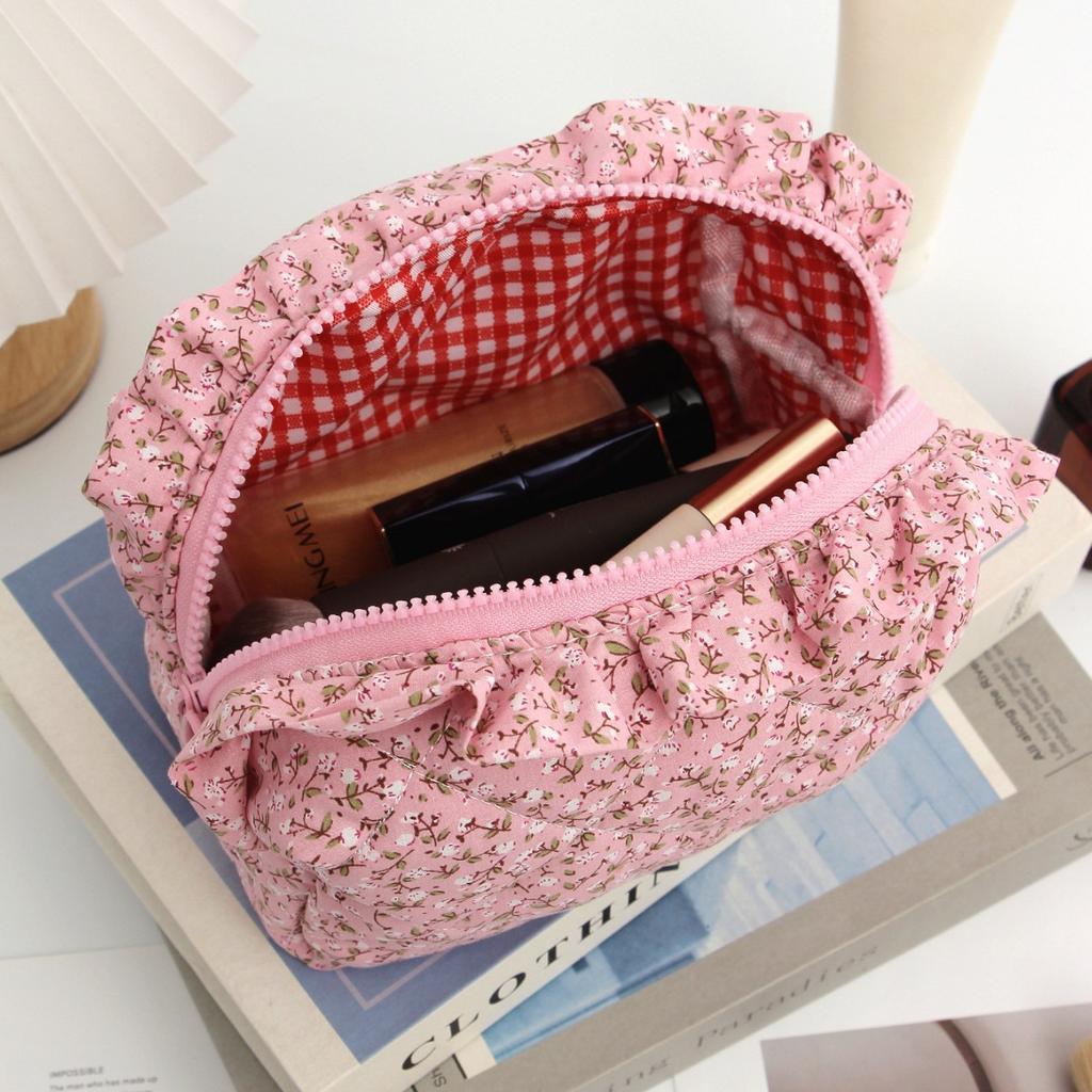 Lace Bow Cosmetic Bag Student Ribbon Quilted Pencil Bag Portable Toiletries Bag Liner Bag
