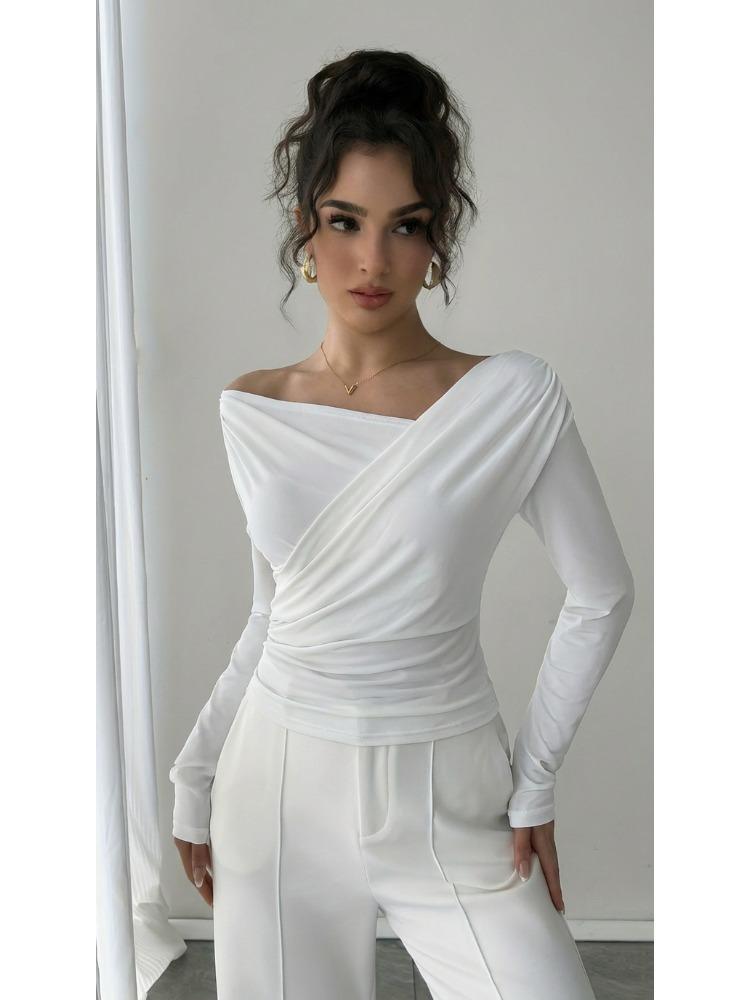 Spring Solid Off The Shoulder Off Shoulder Slim Long Sleeve Versatile Commute Top Fashion Daily Basic Office Lady Casual Slim Fit Ladies Elegant Top