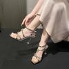 Rhinestone Flower One Strap High Heels Summer New Square Toe Open Toe Thin Strap Non-slip Wear-resistant Stiletto Sandals