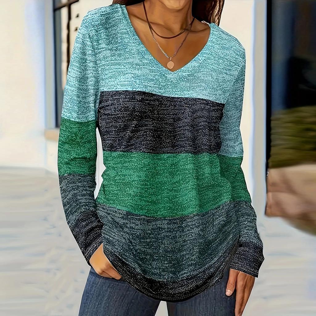 Women's Color Blocked Casual Fashion Long Sleeved V-neck T-shirt Top