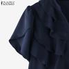 ZANZEA Women's Summer Casual V-Neck Short Sleeve Solid Color Loose Ruffle Blouse