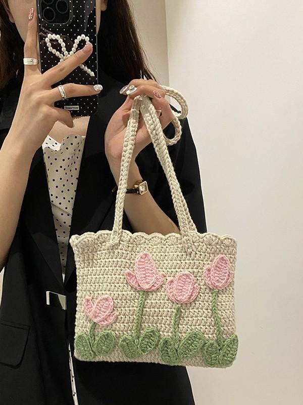 No Brand Handmade Knitted Tote Bag With Woven Pattern For Casual Daily Use