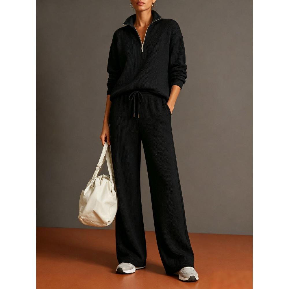 Women's Loose Knit Tracksuit Long Sleeve Half Zip Sweatshirt Drawstring Waist Wide Leg Pants