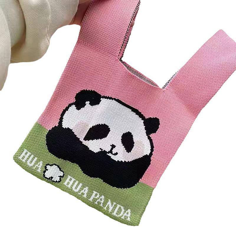 Women Handmade Knit Handbag Women Panda Handbag Tote Bag Student Girls Reusable Shopping Bag