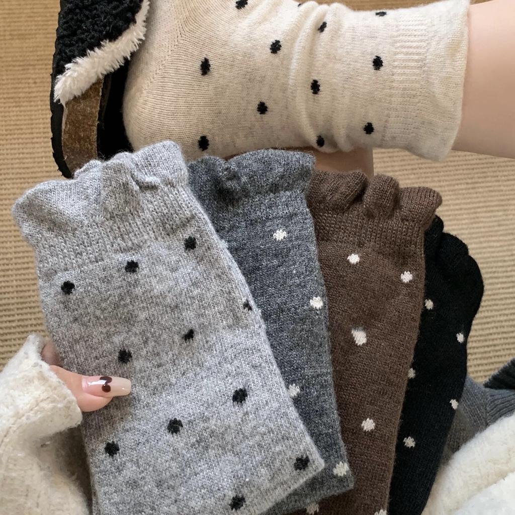 Woolen Socks, Polka Dot Mid-calf Socks, Sweet and Elegant for Women, Pile Socks, Thick and Warm Lace Socks for Autumn and Winter
