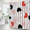 Red and black heart-patterned shower curtain, polyester fabric, machine washable, with hooks, suitable for bathroom decoration.