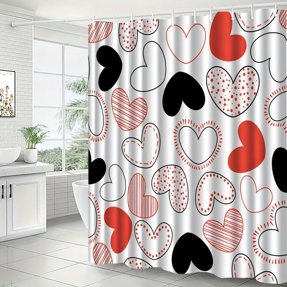 Red and black heart-patterned shower curtain, polyester fabric, machine washable, with hooks, suitable for bathroom decoration.