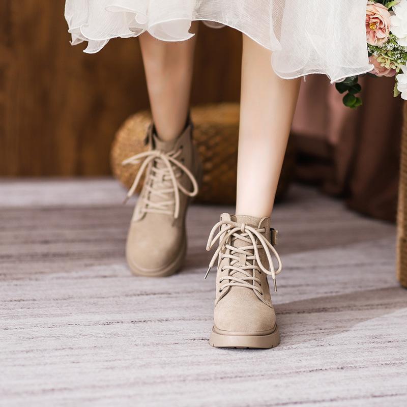 New Martin women's British frosted leather women's medium heel flat short women's lace-up leather