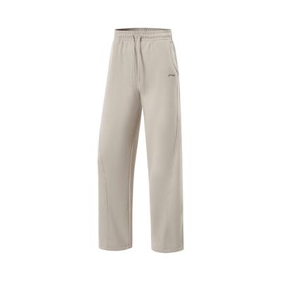Li Ning Fitness Series Solid Color Mid Waist Drawstring Comfortable Breathable Fleece Warm Straight Loose Sports Long Pants Women Bottoms AKLU548-1