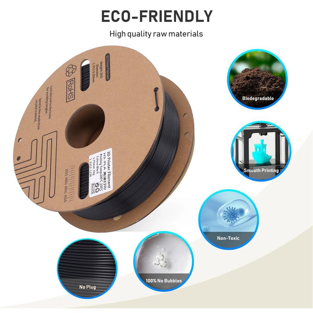 Black PLA Plastic Filament 1KG 1.75mm 3D Printer Filament 30‑600mm/s High Speed Printing Consumable for Ender 3