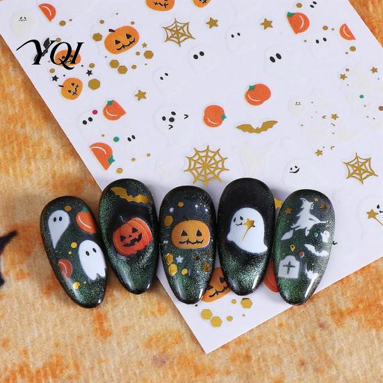 Easy Application Manicure Accessories Halloween Nail Art Stickers, Cartoon Pumpkin Ghost Bat Decals for Self Adhesive Decorations, Self-Adhesive
