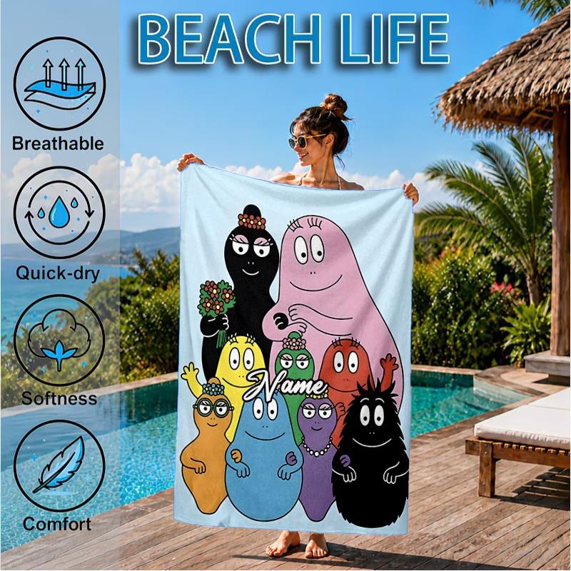 Custom Name Colorful Cartoon Barba-papa Heart In Space Adventure Microfiber Beach Towel, Lightweight for Summer Travel, Swimming Pool Fan Gift