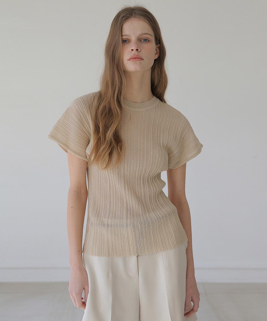 Beleunepeu Wholegarment Round Neck Pleated Knit (2 Colors)