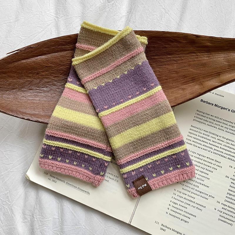 New Autumn/Winter Warm Gloves Colorful Striped Half-Finger Cycling Gloves Knitted Wool Mittens for Women Girls Outdoor Activity