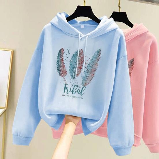 Hoodie Feather Print Long Sleeve Thick Loose Soft Drawstring Hooded Unisex Keep Warm Casual Elastic Cuff Women Men Hoodie