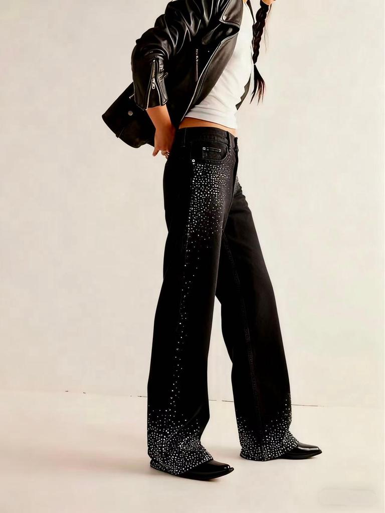 European-Style Stretchy Rhinestone Black Denim Women's Pants