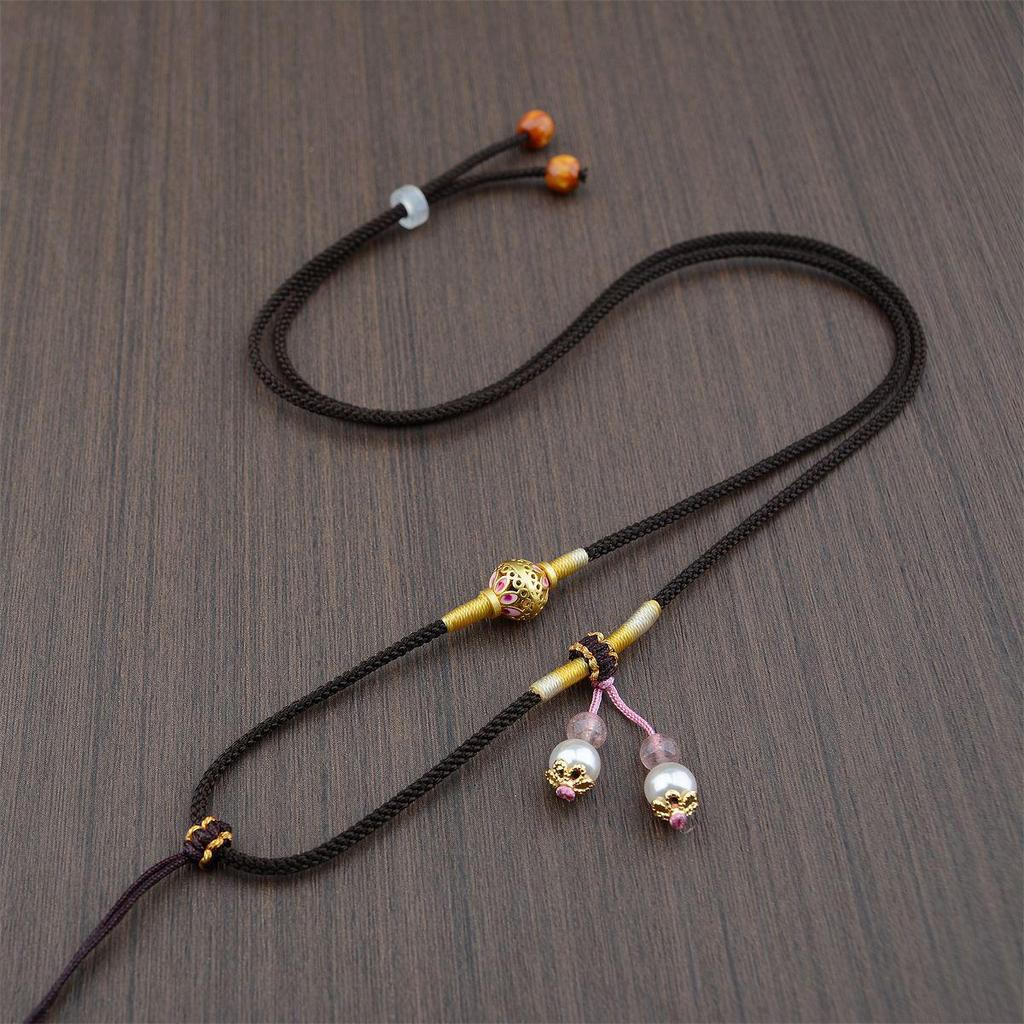Premium Hand-woven Necklace: Gold Amber, Crystal, and Jade Pendant Cord