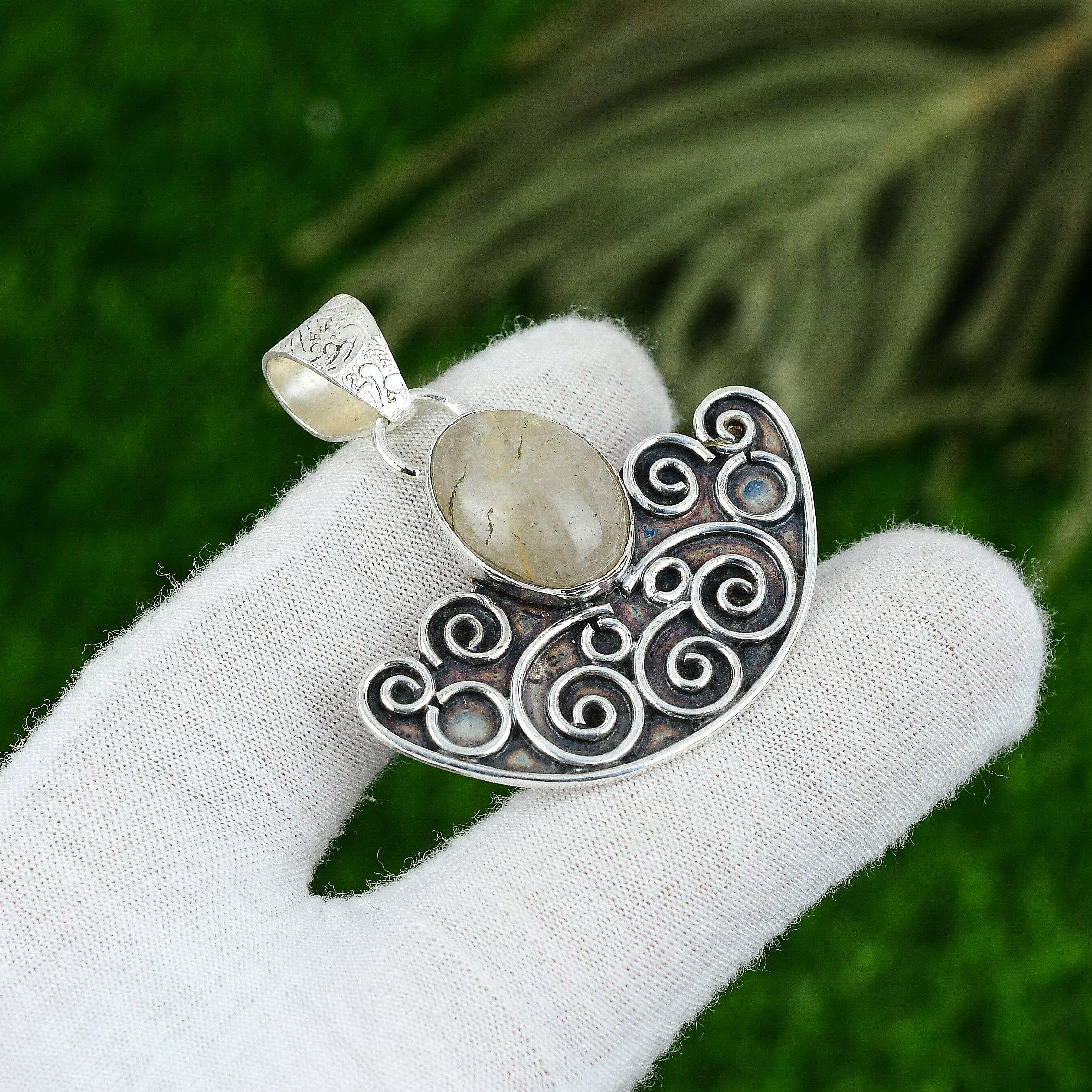 

925 Sterling Silver Oval Golden Rutile Gemstone Bezel Wedding Birthday Pendant