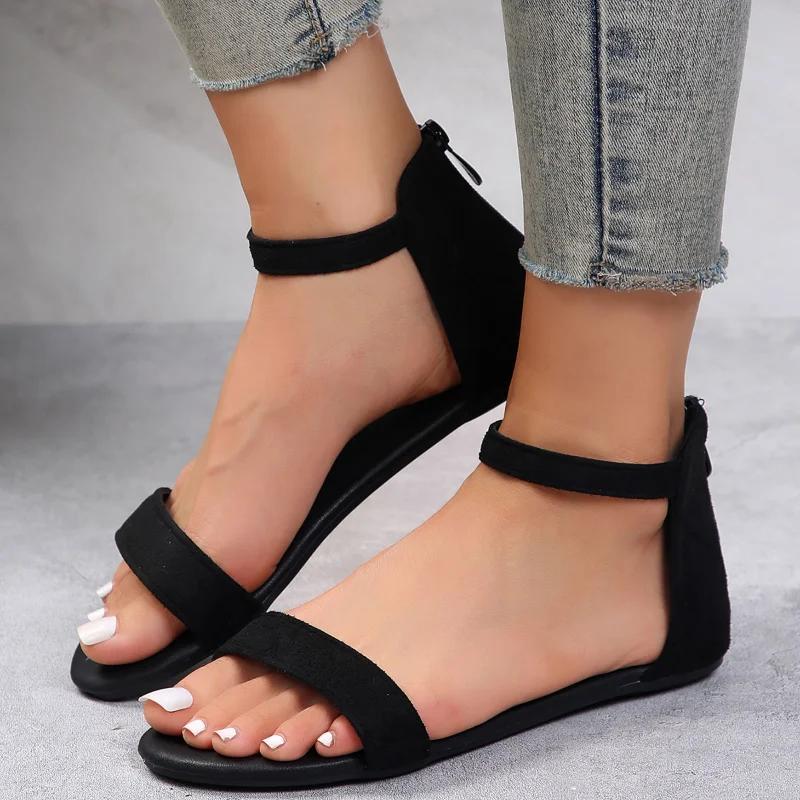 Fashion Women Simplicity Flat Sandals Solid Color Double Broadband Fish Mouth Peep Toe Summer Shoes Back Cutout Zipper Elegant