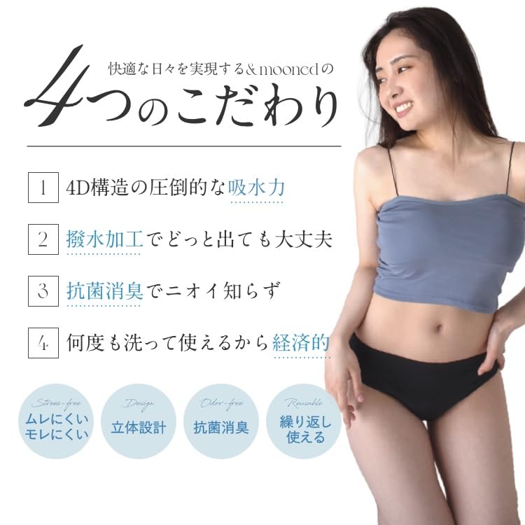 Set of Absorbent Sanitary Panties for Menstrual 3D Femtech &mooned 3-Piece Use, Quick-Drying, Antibacterial, Deodorizing, Construction, Washable, (L)