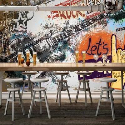 Papel Pintado Retro Estilo Europeo 3d Mural Graffiti Guitarra Música Rock Bar Ktv Herramientas Fondo Arte Pintura de Pared