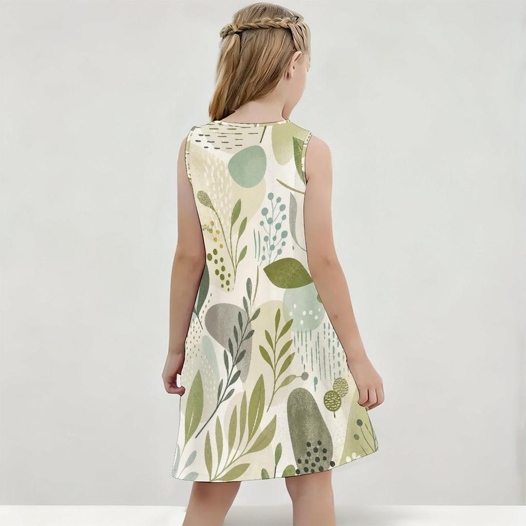 Girls Round Neck Sleeveless Tropical Leaves Printed A Line Flared Dress