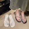 Rhinestone bow serpentine winding sandals low heel summer new one-word belt fairy wind flat Roman crystal shoes