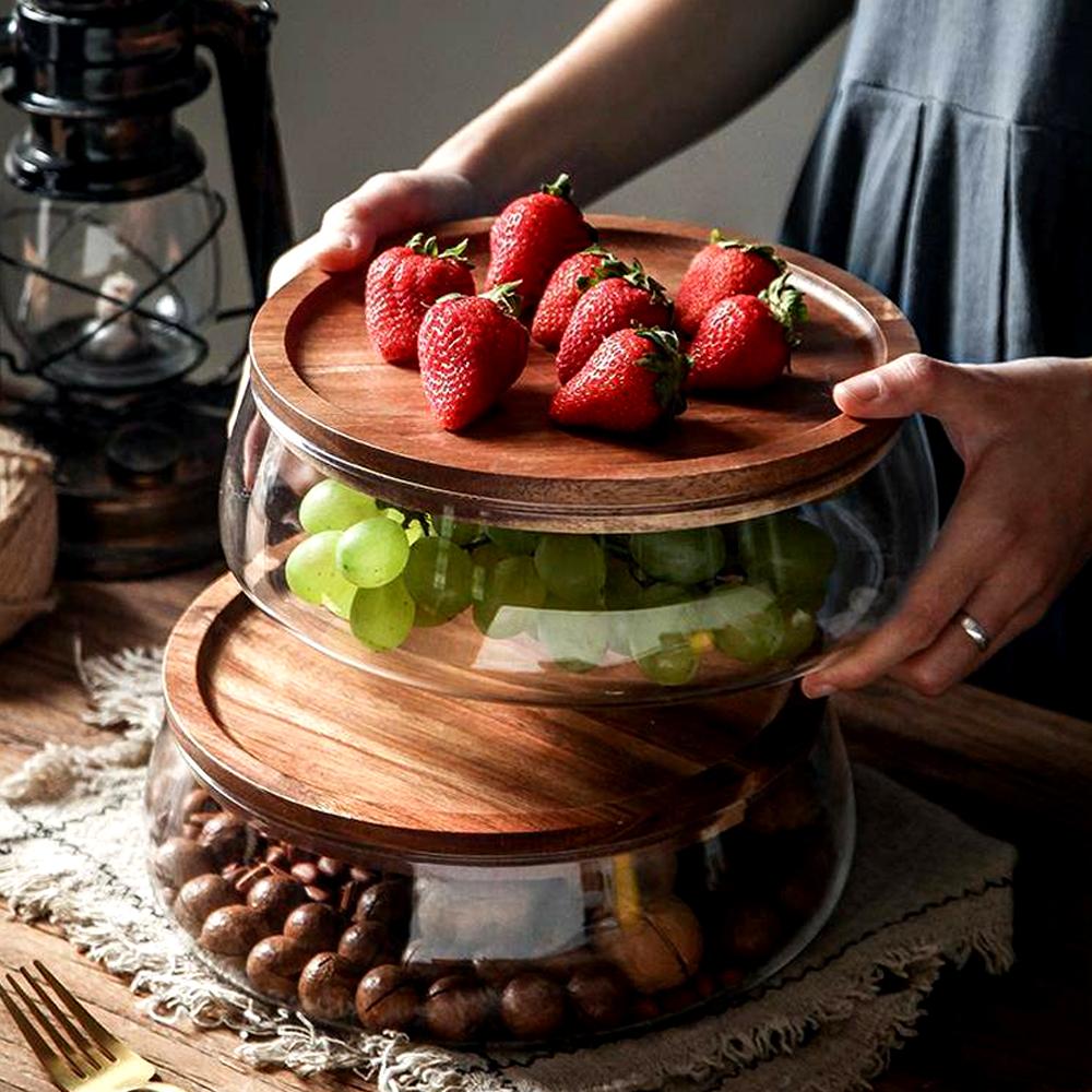Kreativní skleněné nádoby na skladování potravin s dřevěným víkem Kuchyňka Svačina Ovoce Cukroví Ořech Sundries Úložný organizér do kuchyně