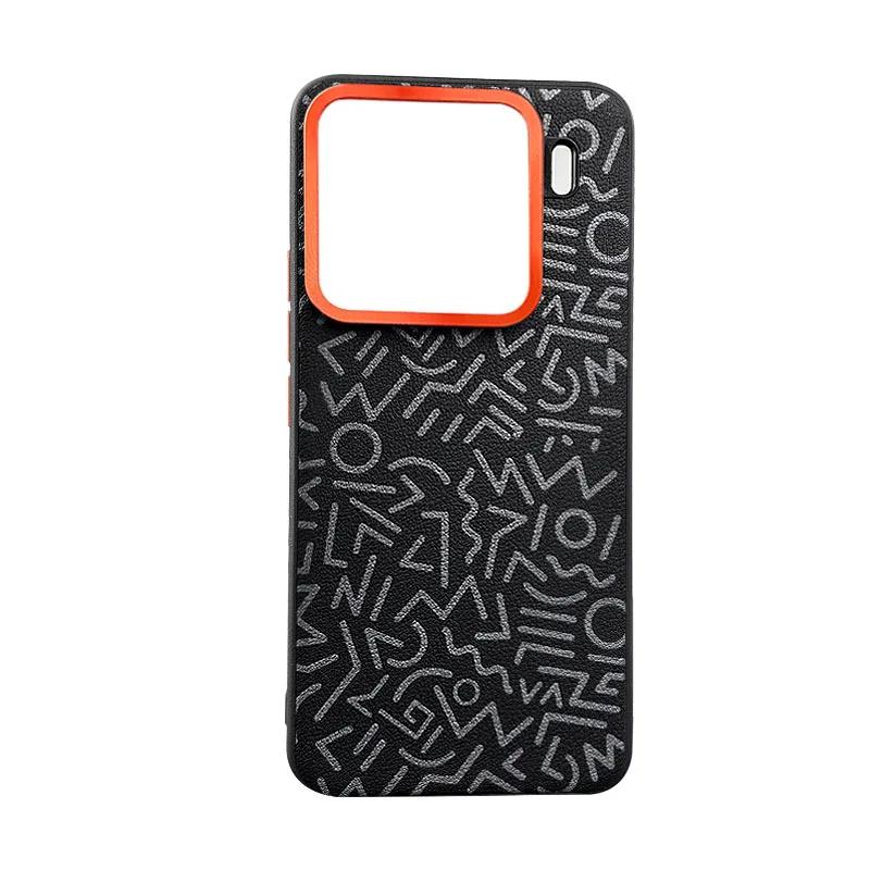 

Graffiti Painted Plain Leather Phone Case for Xiaomi 15 Pro Mi15 Metal Lens Ring Hardware Large Hole Metal Button Key Hard Cover Mi15 чёрный