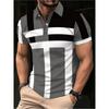 Black, Gray and White Striped Color-blocked Men's Street Cool Short-sleeved Shirt with Lapel