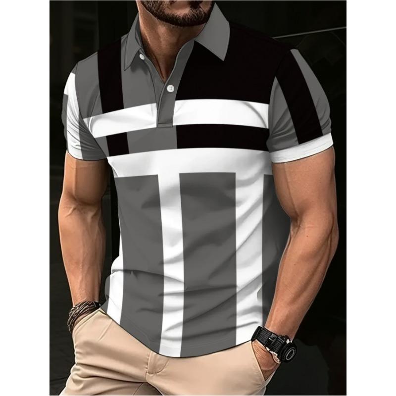 Black, Gray and White Striped Color-blocked Men's Street Cool Short-sleeved Shirt with Lapel