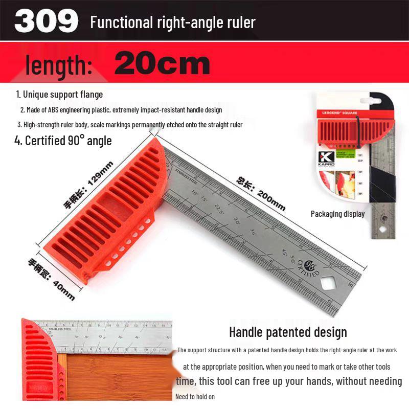KAPRO 309 Multi-Functional Right Angle Ruler - 304 Stainless Steel Precision L-Square for Woodworking Other